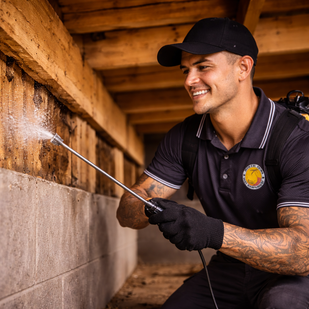 Pest technician inspecting termite mud tubes on a Cairns home during an emergency callout